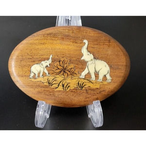 Elephant Wooden Inlay Wall Hanging Wood Art Plaque Handcrafted Carved 6" x 4"